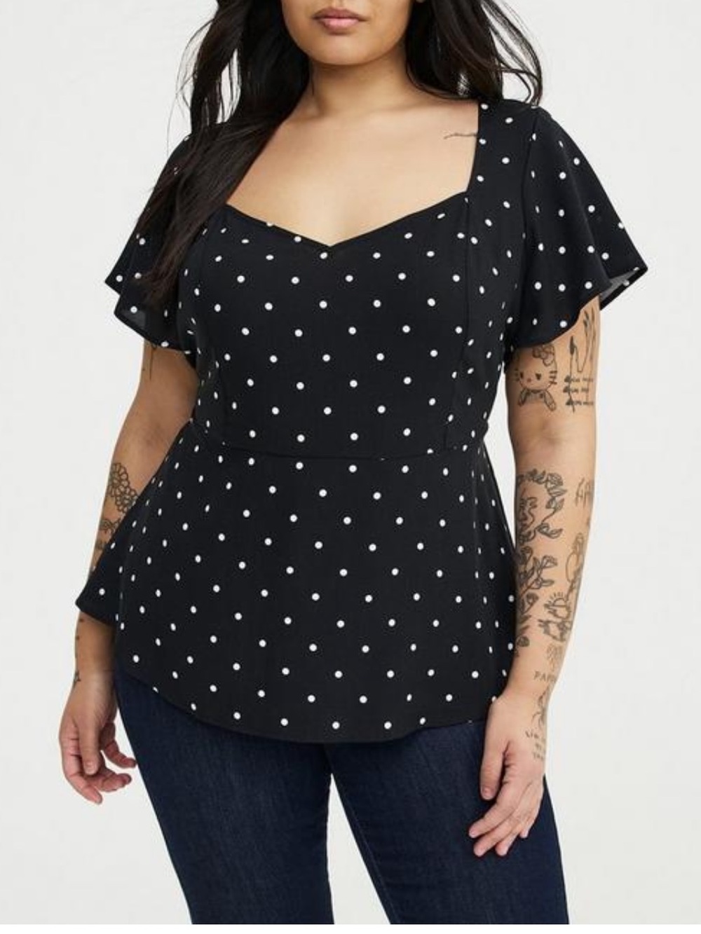 Torrid - Black Polka Dot Square Neck Flutter Sleeve Top